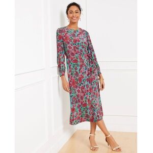 Talbots Side Tie Long Sleeve Midi Dress in Teal and Red Floral Dress, Size 8 EUC